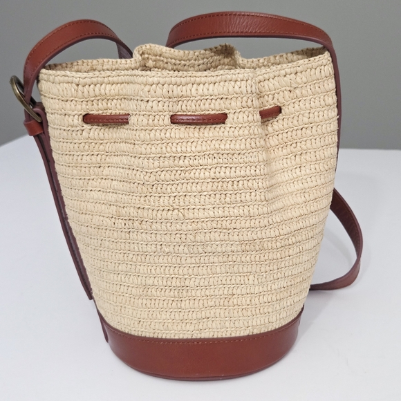 SEZANE MINI FARROW RAPHIA CROSSBODY BUCKET BAG SMALL PINK FLORAL EMBROIDERY - Picture 8 of 11